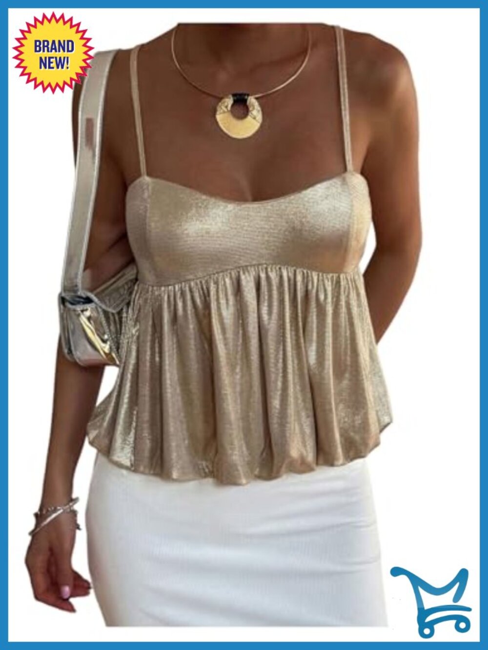 Metallic Peplum Cami Top Spaghetti Strap Ruched Hem Sleeveless Party Top